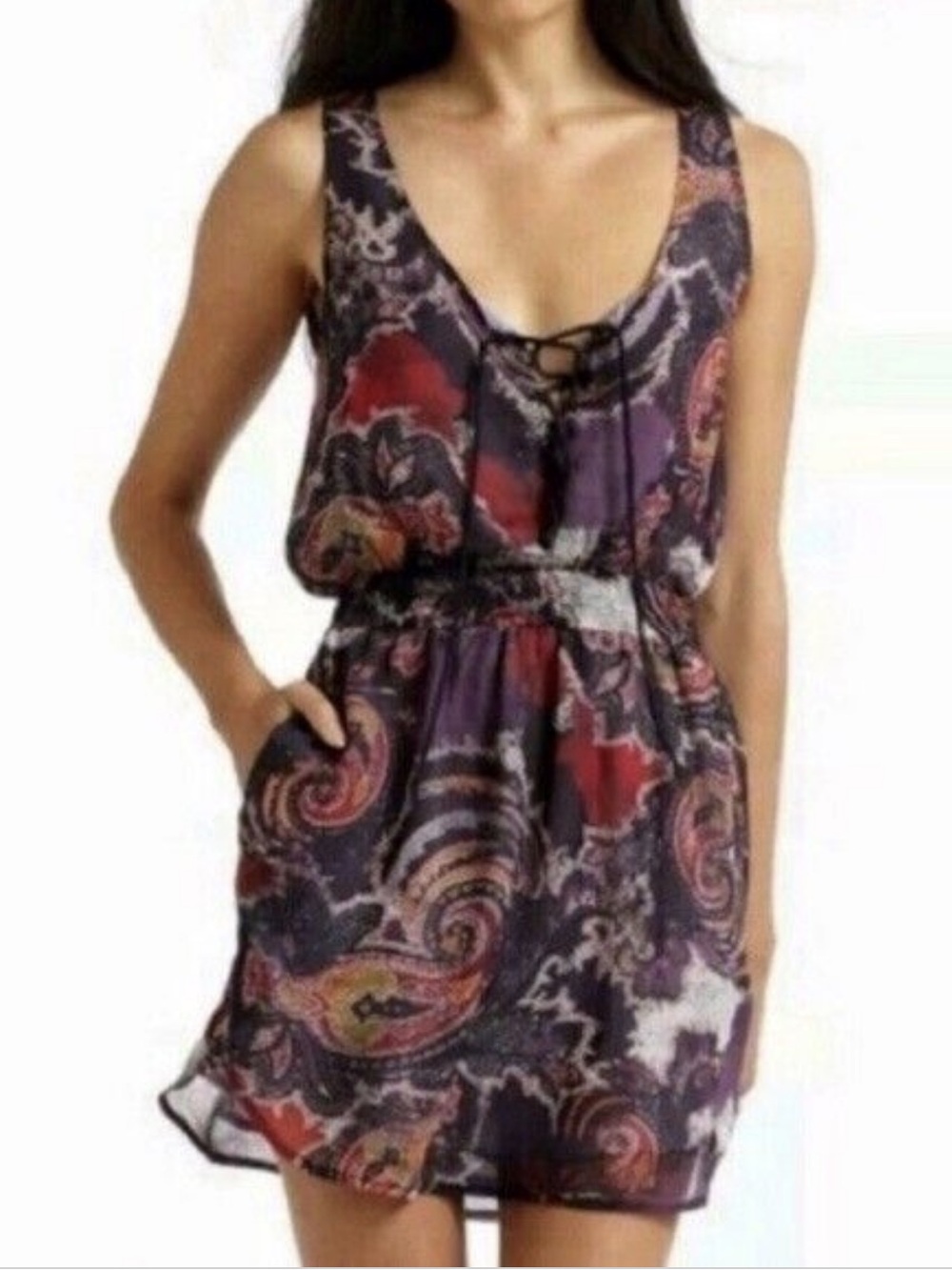 Free People Falling for Georgette Paisley Lace Up Mini Dress Purple Size Medium